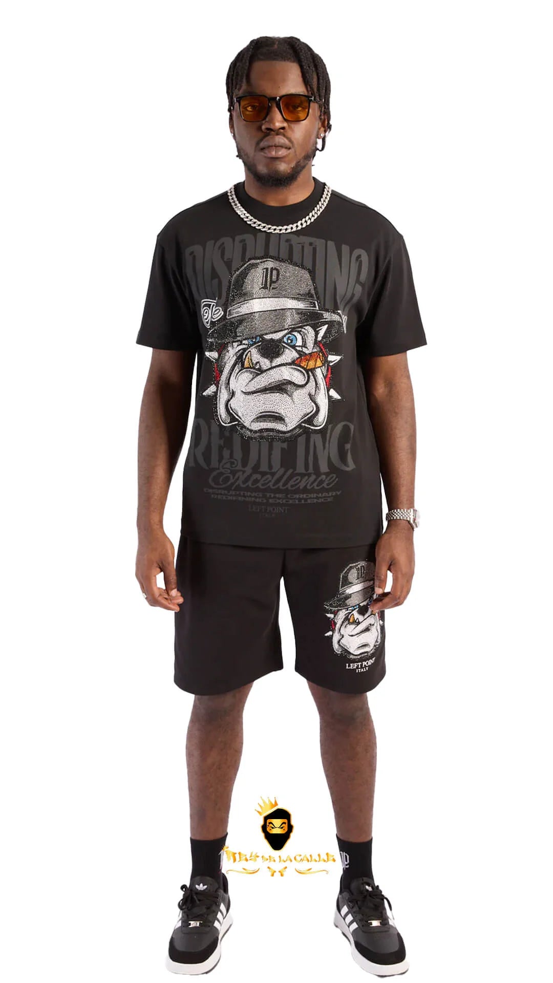 Conjunto Left Point Negro Pedrería Brillante Bulldog - Rey De La Calle