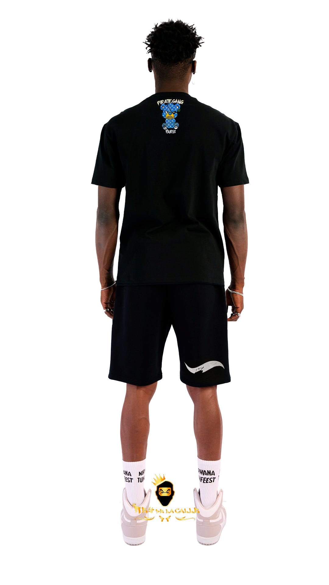 Conjunto. Camisetas o pantalon corto Pirate Gang Paris Negra Pedrería Brillante Oso Azul Rey De La Calle