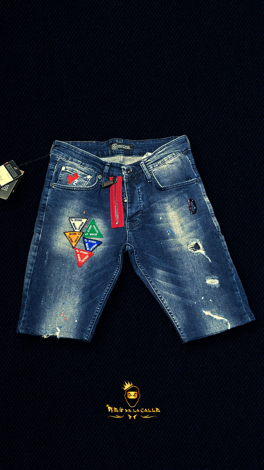 Bermudas Denim de Lavado Medio con Múltiples Parches Triangulares de Colores y Cierre de Cremallera Frontal Rojo Color Riot
