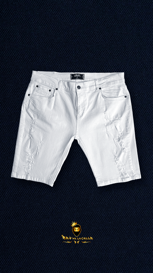 Pantalones Cortos Vaqueros Blancos para Hombre con Detalles Rotos y Ajuste Slim SIKSILK