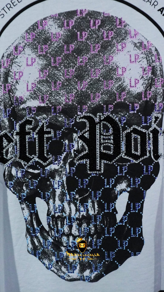 Camiseta Left Point Blanca Pedrería Brillante Calavera Rosa Con Azul - Rey De La Calle