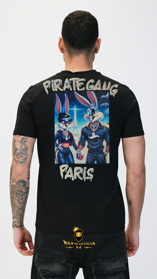 Camiseta Pirate Gang París Negra Terciopelo y Pedrería Brillante Bugs Bunny Lola Bunny - Rey De La Calle