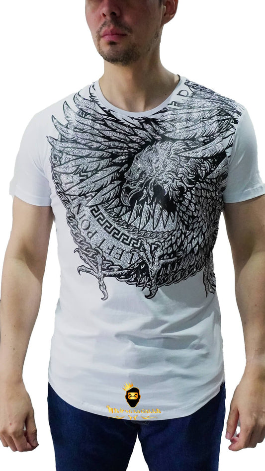Camiseta Left Point Blanca Pedrería Brillante Águila - Rey De La Calle