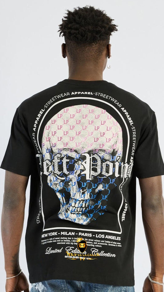 Camiseta Left Point Negra Pedrería Brillante Calavera Rosa Con Azul - Rey De La Calle