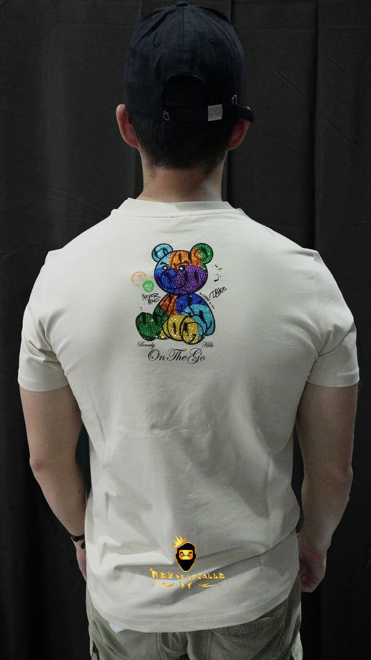 Camiseta Left Point Beige Pedrería Brillante Oso Colorido - Rey De La Calle