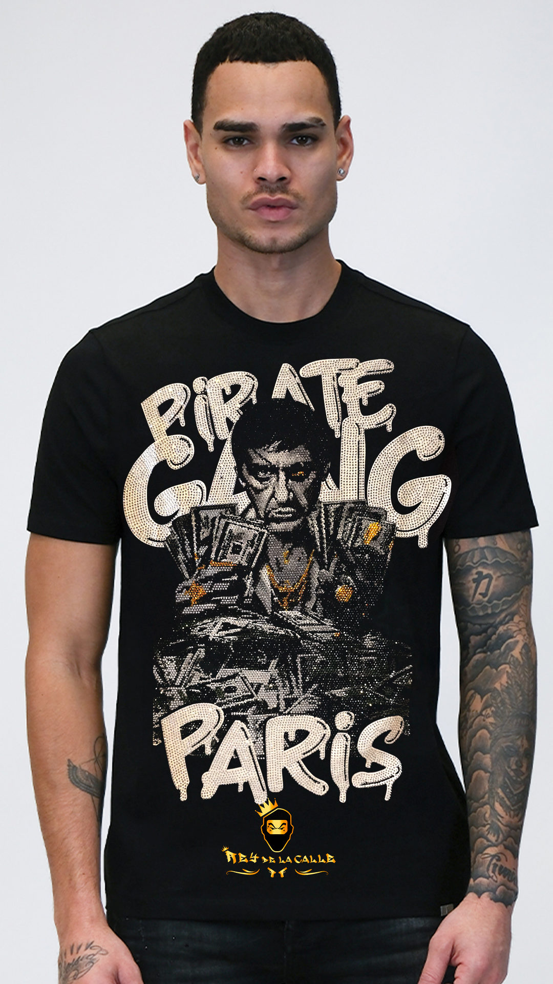 Camiseta Slim Fit Pirate Gang París Negra Pedrería Brillante Scarface - Rey De La Calle