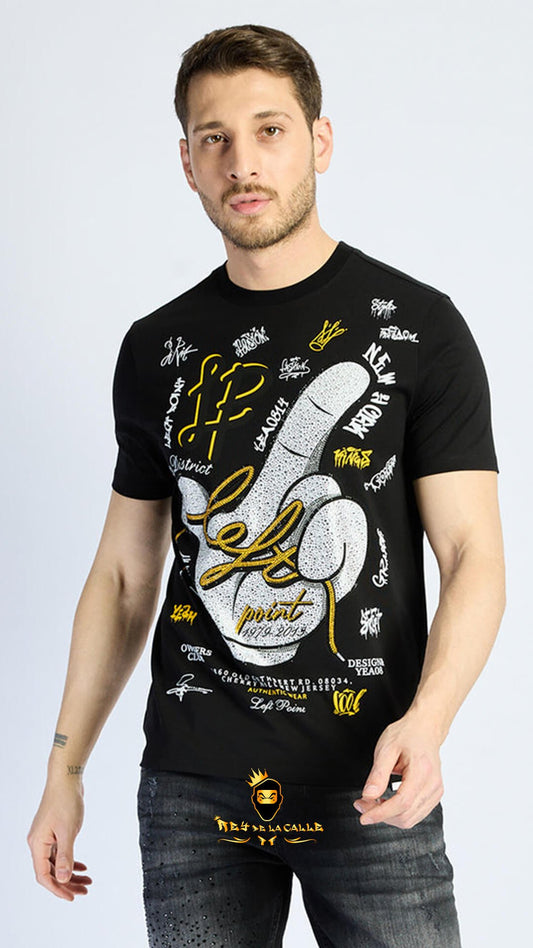 Camiseta Left Point Negra Pedrería Brillante Dedo Apuntando - Rey De La Calle