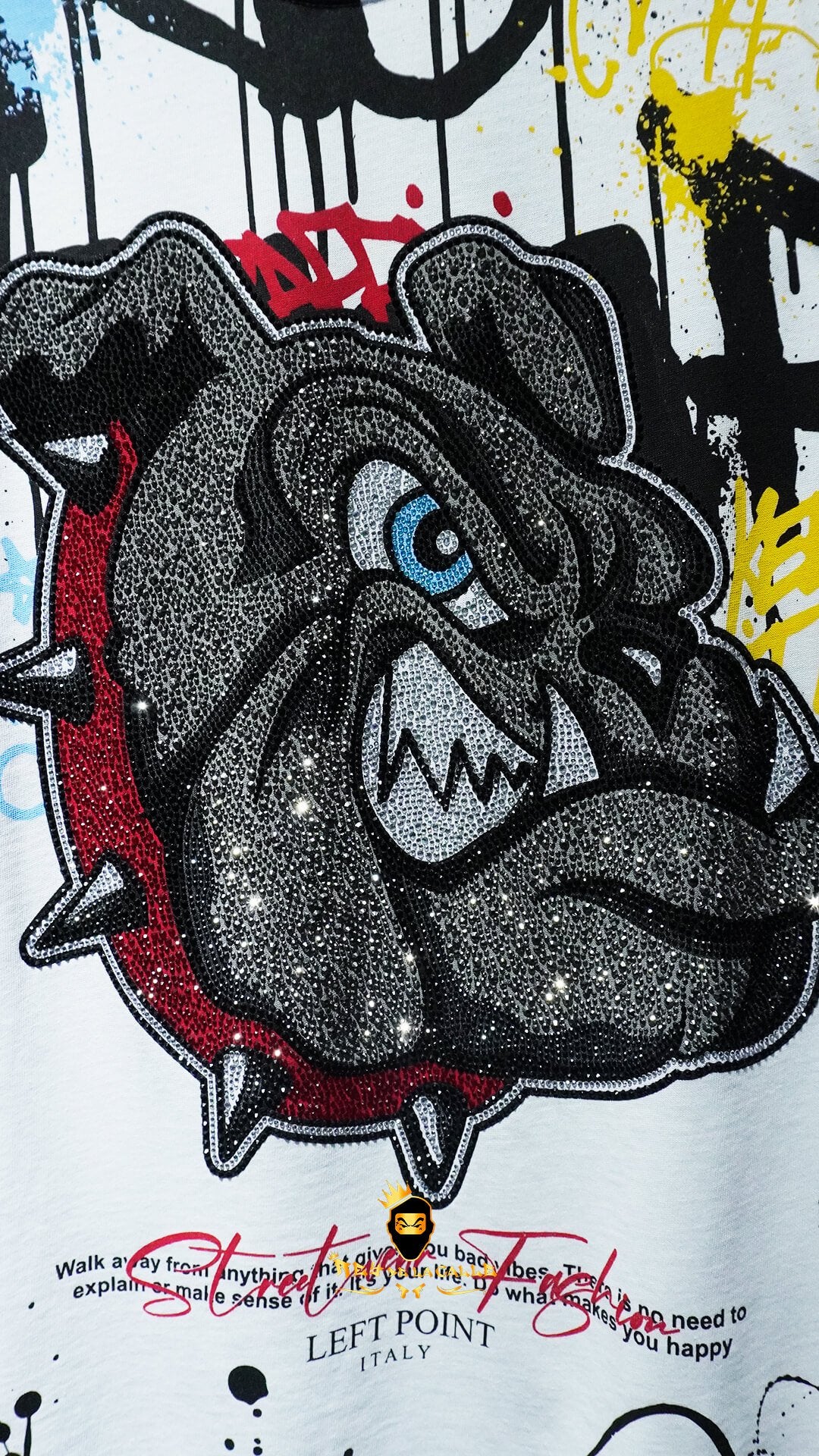 Camiseta Left Point Blanca Pedrería Brillante Bulldog - Rey De La Calle