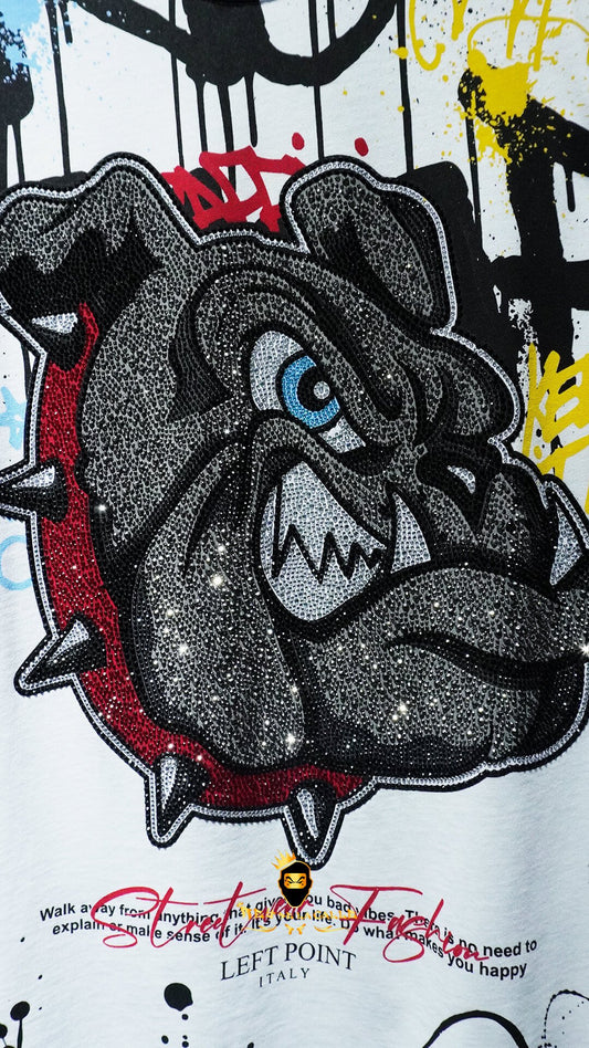 Camiseta Left Point Blanca Pedrería Brillante Bulldog - Rey De La Calle