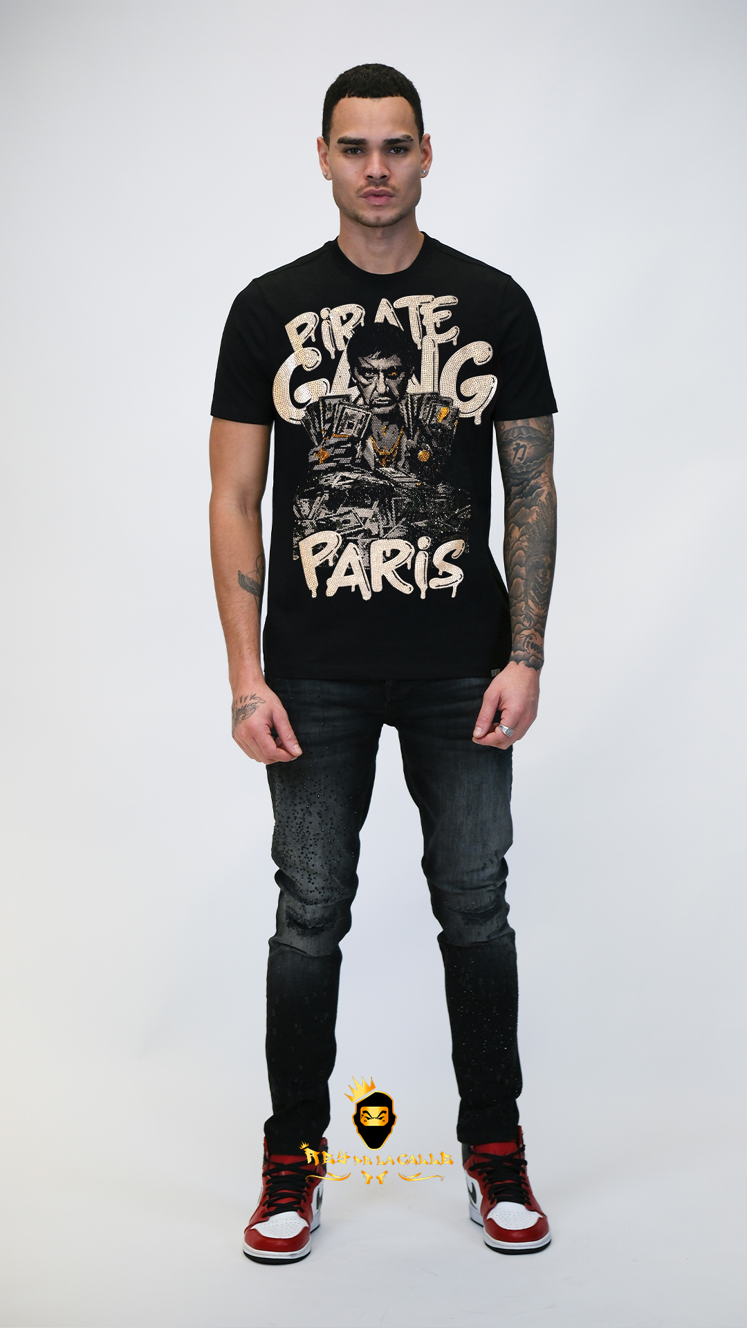Camiseta Slim Fit Pirate Gang París Negra Pedrería Brillante Scarface - Rey De La Calle