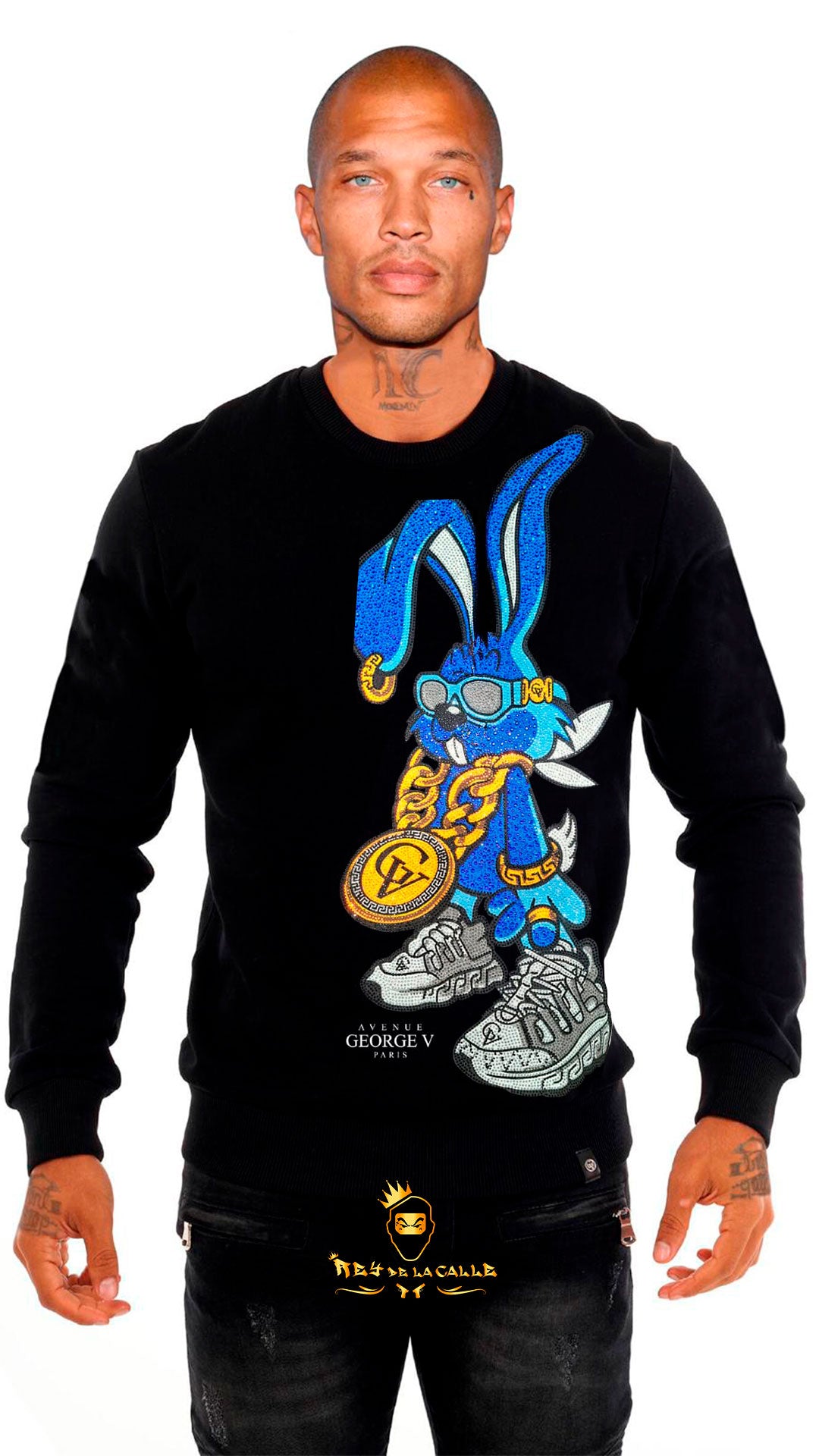 SUDADERA AVENUE GEORGE V PARIS NEGRA DE CONEJO AZUL BLING BLING Rey De La Calle