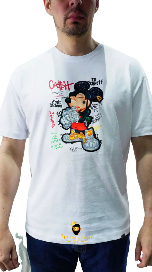 Camiseta Left Point Blanca Terciopelo y Pedrería Brillante Mickey Mouse - Rey De La Calle