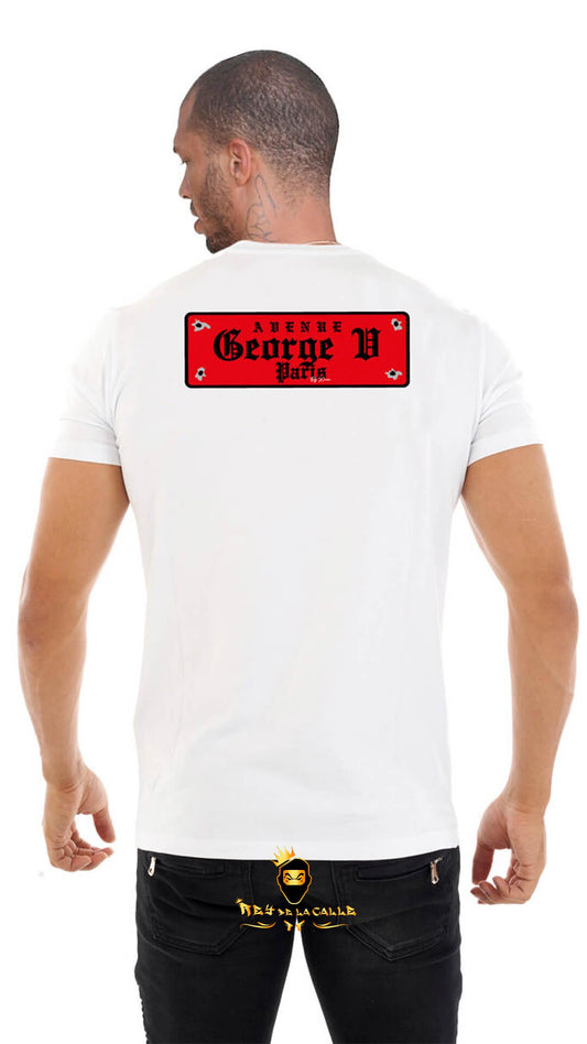 Camiseta Avenue George V París Blanca/Roja Pedrería Brillante Oso Ak47 - Rey De La Calle