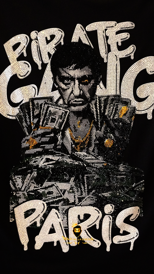 Camiseta Slim Fit Pirate Gang París Negra Pedrería Brillante Scarface - Rey De La Calle