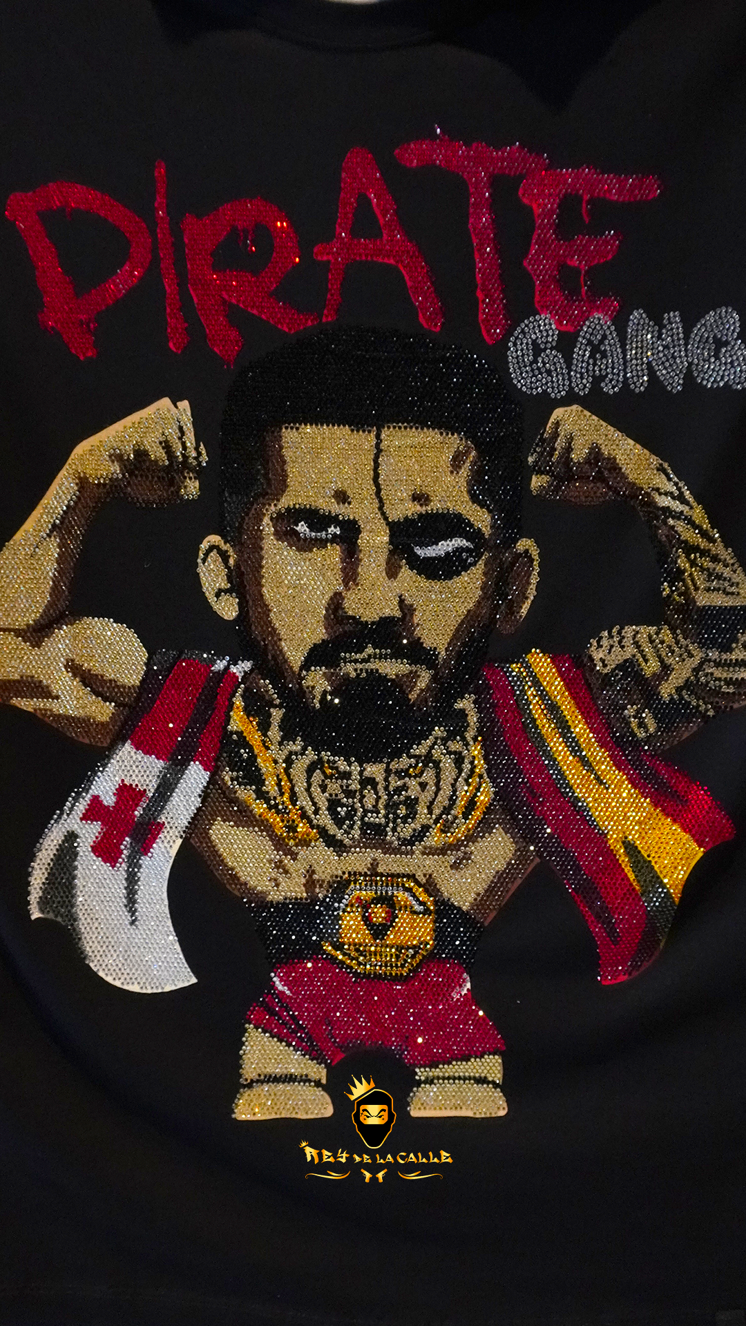 Camiseta Slim Fit Pirate Gang París Negra Pedrería Brillante Campeon - Rey De La Calle