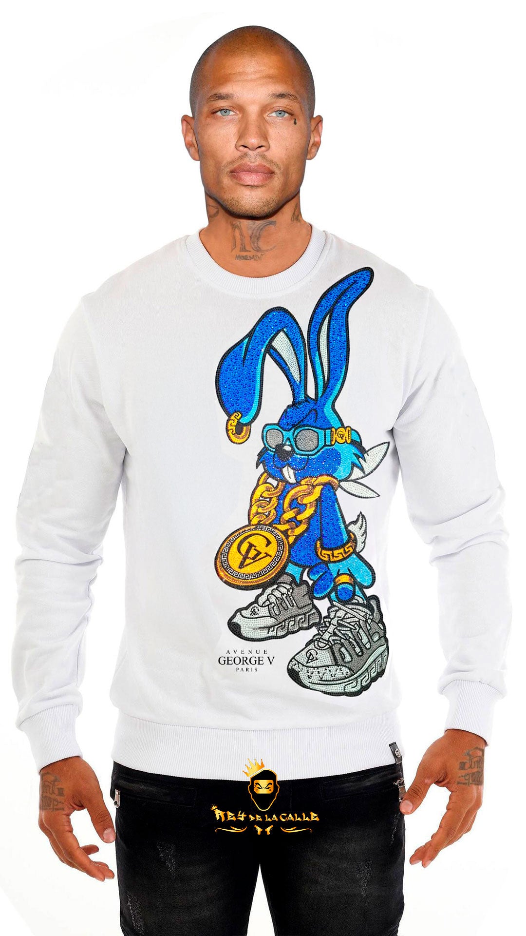 SUDADERA AVENUE GEORGE V PARIS BLANCA DE CONEJO AZUL BLING BLING Rey De La Calle