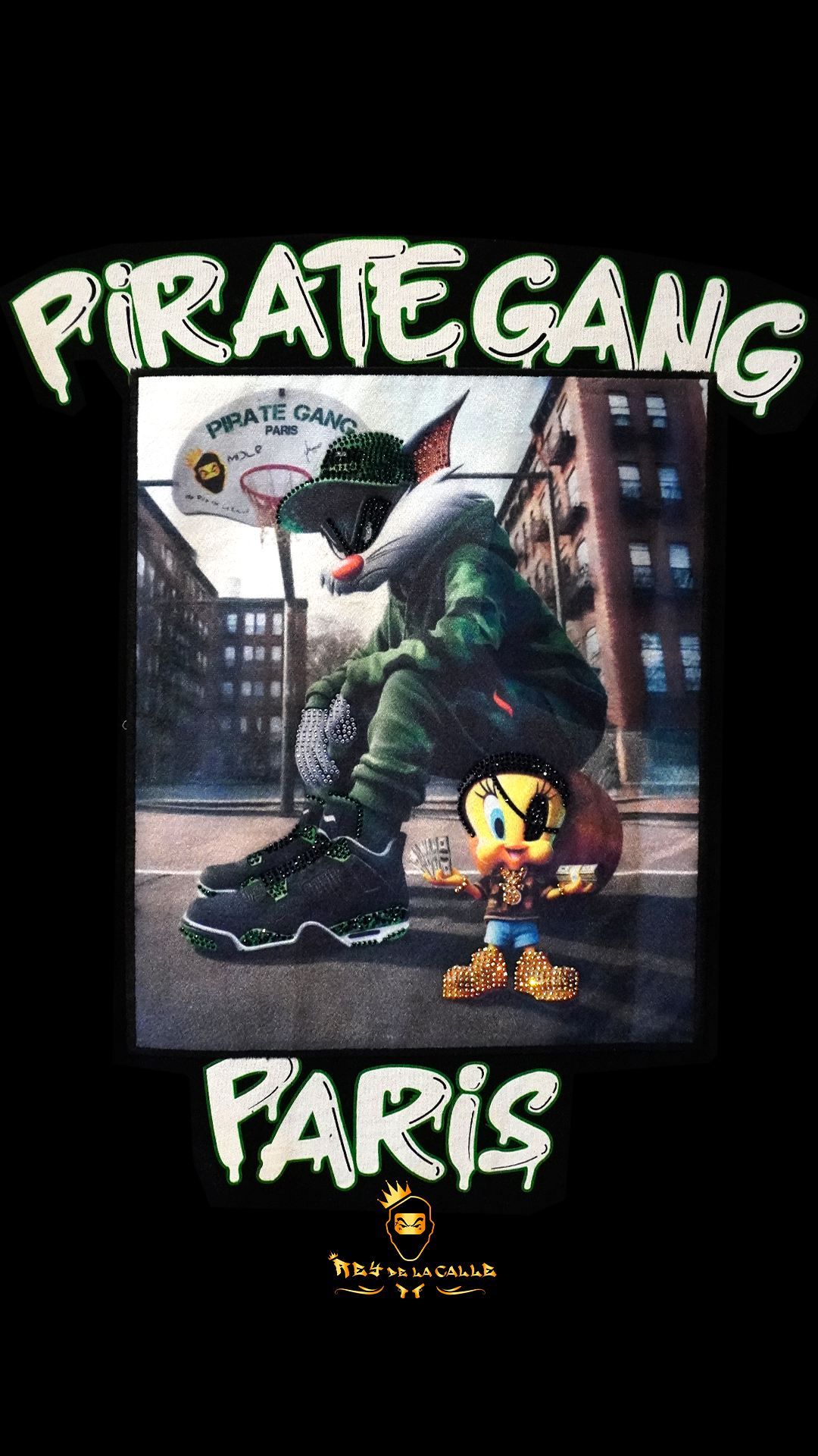 Camiseta Pirate Gang París Negra Terciopelo y Pedrería Brillante Tweety - Rey De La Calle