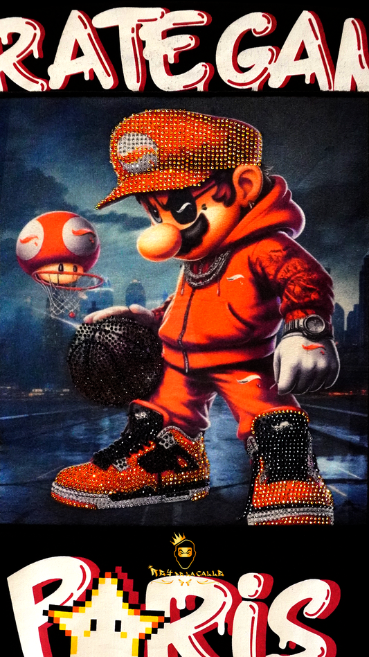 Camiseta Pirate Gang París Negra Terciopelo y Pedrería Brillante Mario Bros - Rey De La Calle