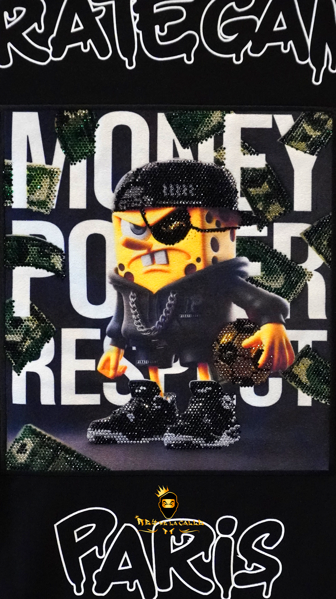 Camiseta Pirate Gang París Negra Terciopelo y Pedrería Brillante Bob Esponja - Rey De La Calle