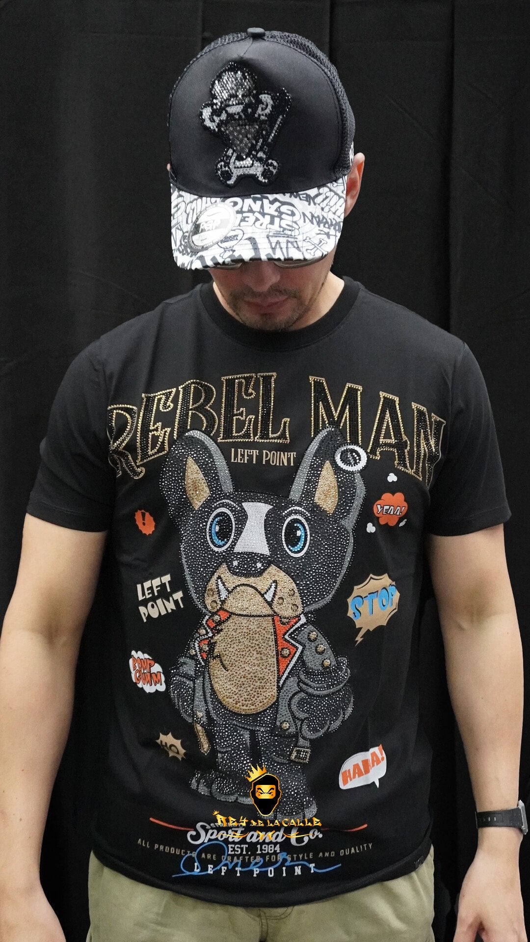 Camiseta Left Point Negra Pedrería Brillante Rebel Man - Rey De La Calle