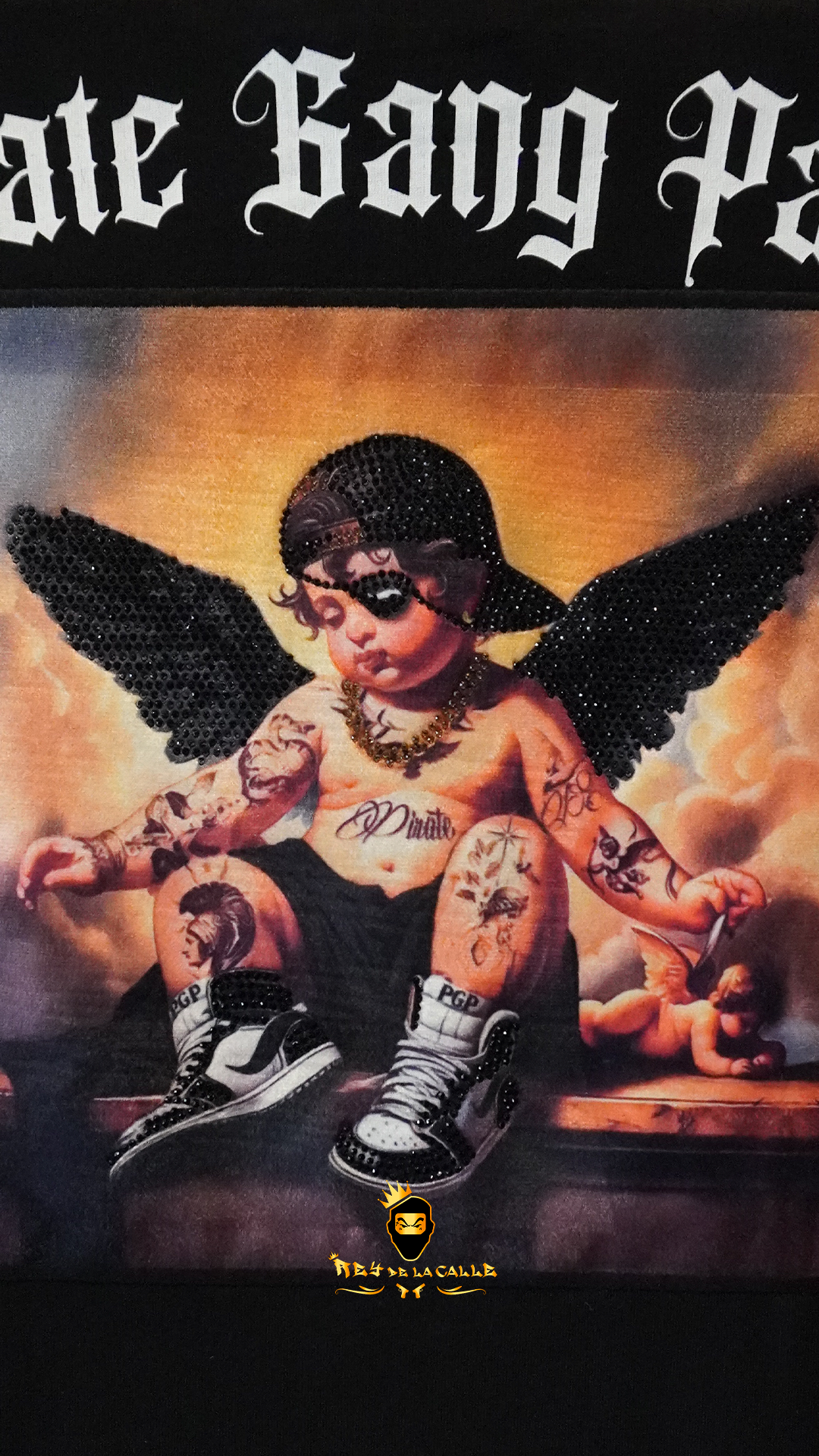 Camiseta Pirate Gang París Negra Terciopelo y Pedrería Brillante Angel - Rey De La Calle