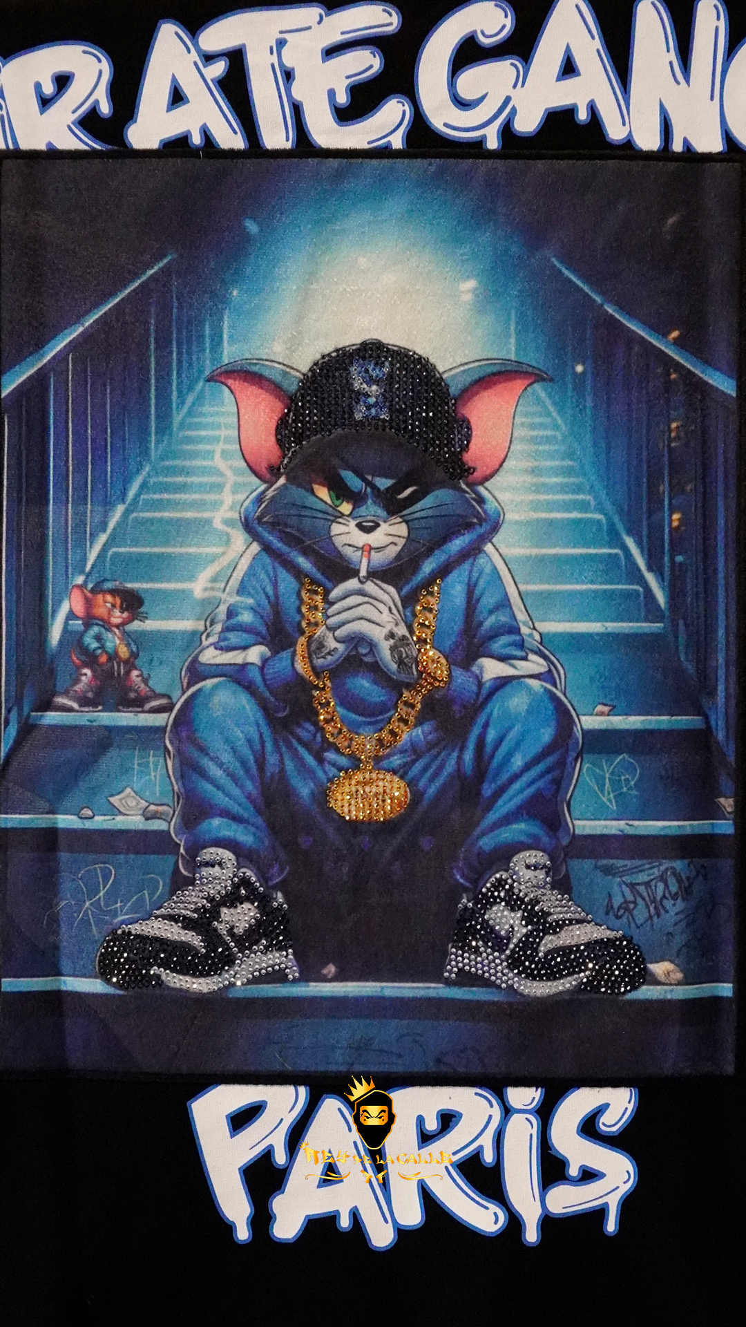 Camiseta Pirate Gang París Negra Terciopelo y Pedrería Brillante Gato Tom - Rey De La Calle