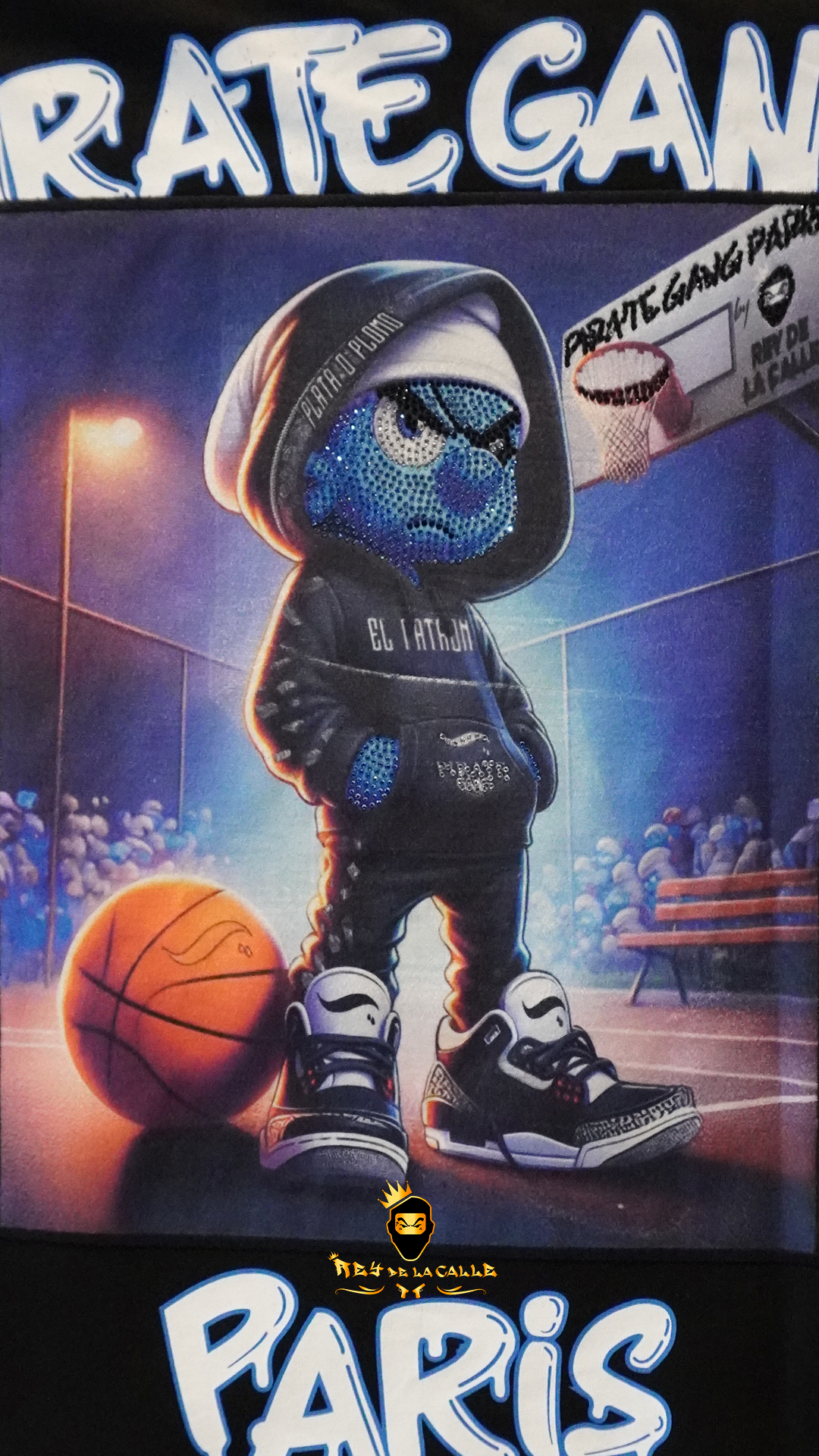 Camiseta Pirate Gang París Negra Terciopelo y Pedrería Brillante Pitufo Gangster - Rey De La Calle