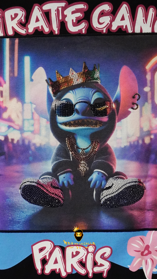 Camiseta Pirate Gang París Negra Terciopelo y Pedrería Brillante Stitch - Rey De La Calle