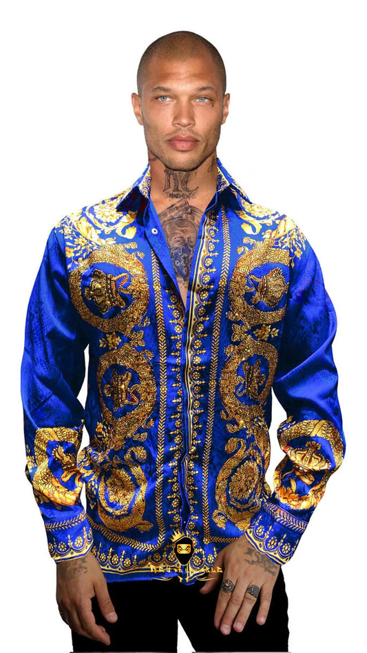 Camisa Satin Avenue George V Paris Azul y Dorado Rey De La Calle