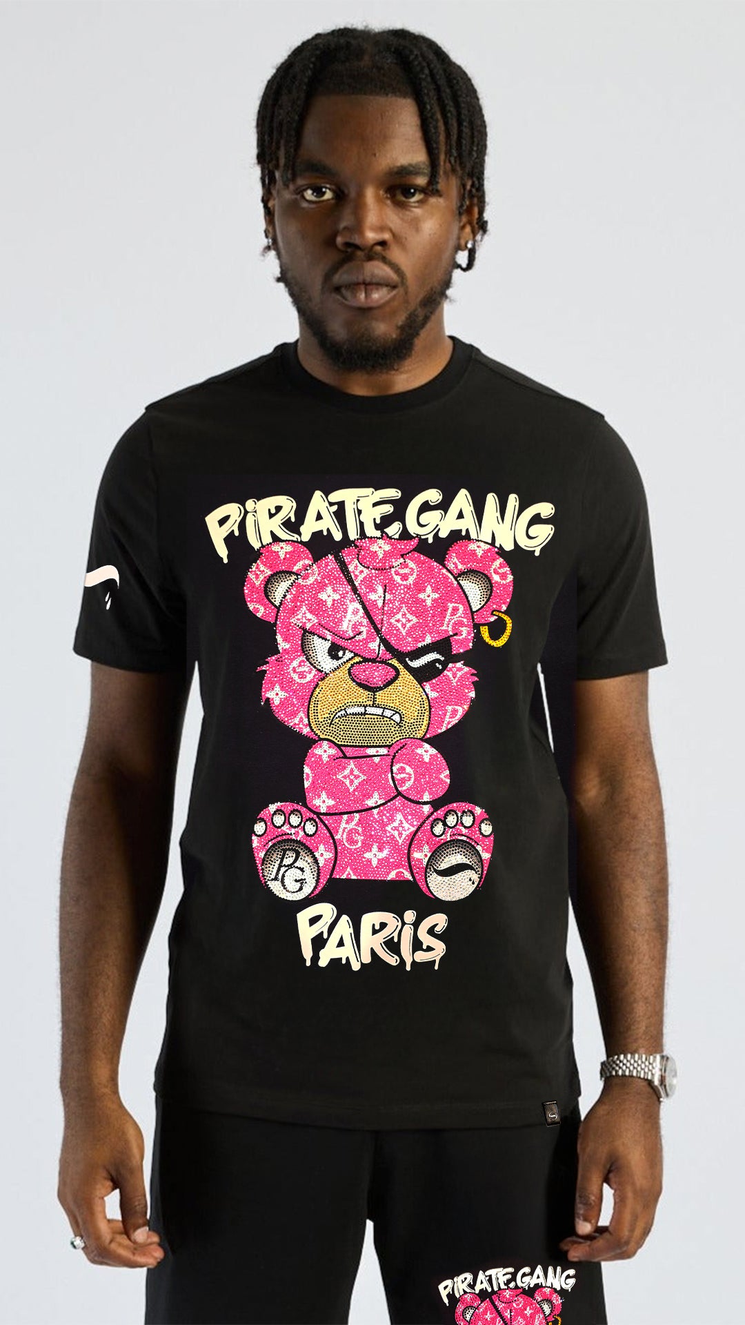 Conjunto Pirate Gang París Negro Pedrería Brillante Oso Rosa - Rey De La Calle