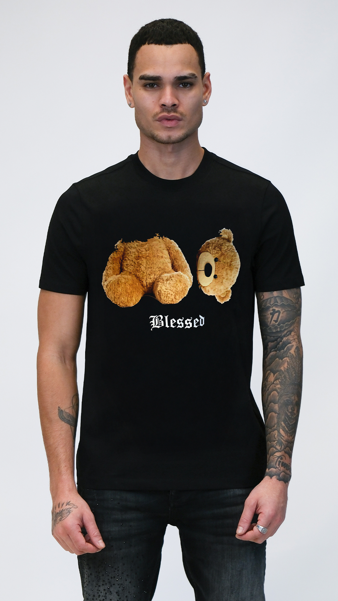 Camiseta Negra oso Cabeza Blessed Rey De La Calle