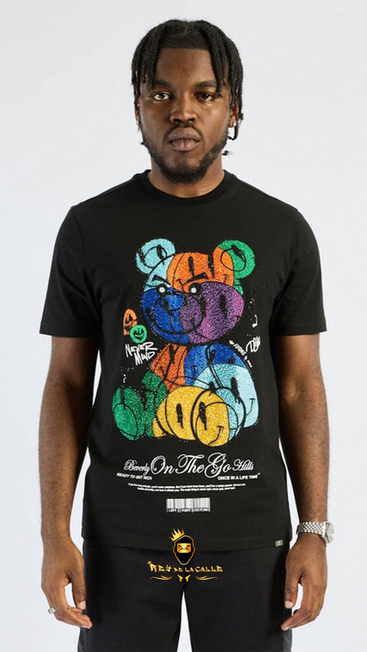 Camiseta Left Point Negra Pedrería Brillante Oso Colorido - Rey De La Calle
