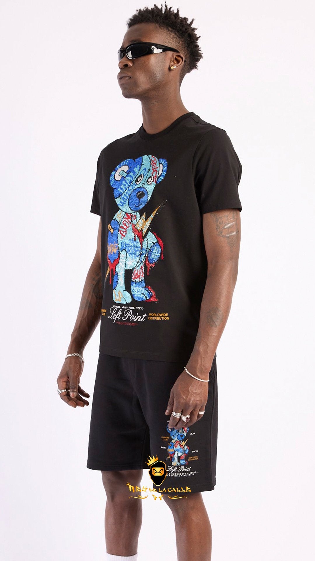 Conjunto Left Point Negro Pedrería Brillante Oso Azul - Rey De La Calle