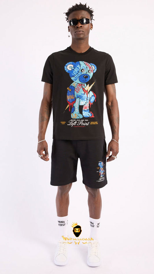 Conjunto Left Point Negro Pedrería Brillante Oso Azul - Rey De La Calle