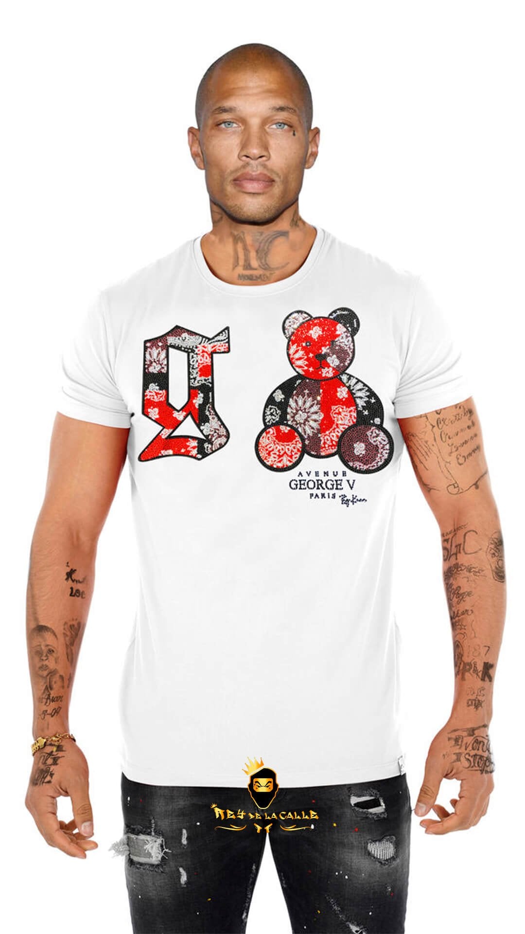 Camiseta Avenue George V París Blanca Pedrería Brillante Oso Rojo - Rey De La Calle