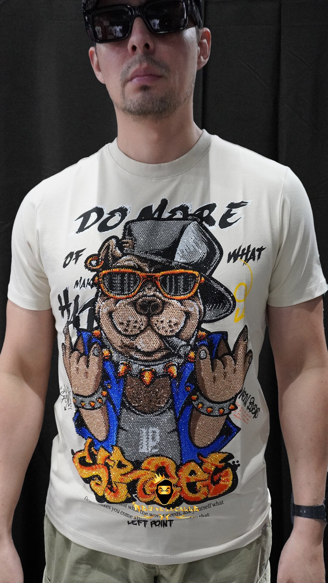 Camiseta Left Point Beige Pedreria Brillante Perro Street - Rey De La Calle