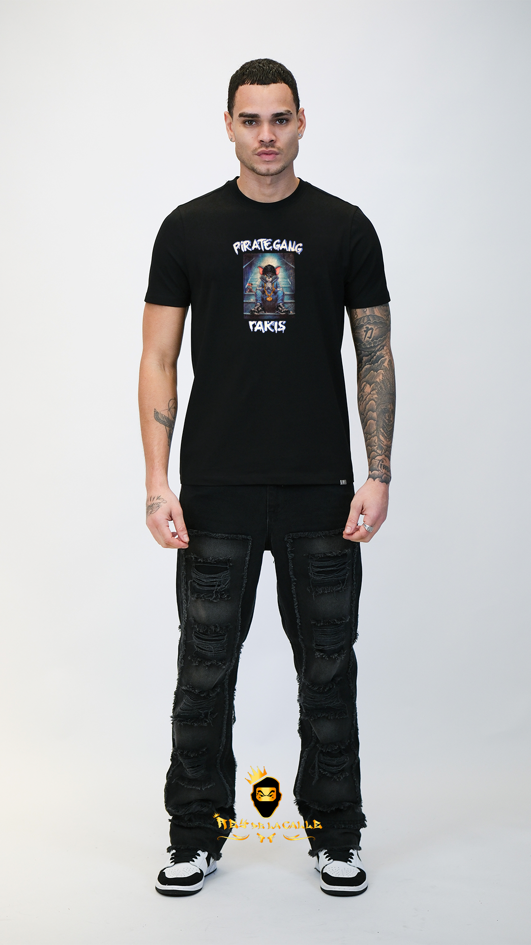 Camiseta Pirate Gang París Negra Terciopelo y Pedrería Brillante Gato Tom - Rey De La Calle