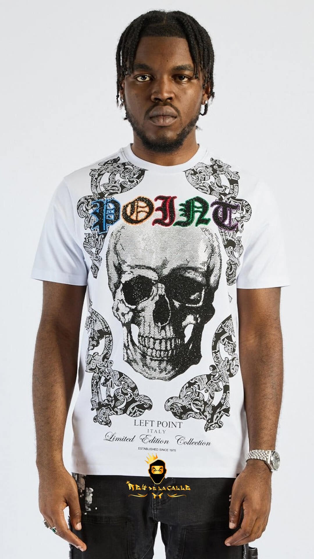 Camiseta Left Point Blanca Pedrería Brillante Calavera Point - Rey De La Calle