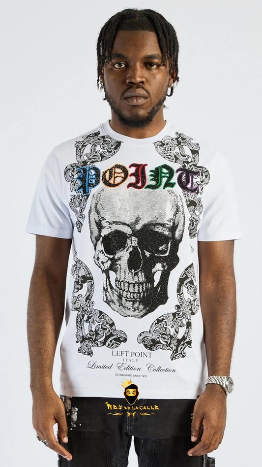 Camiseta Left Point Blanca Pedrería Brillante Calavera Point - Rey De La Calle