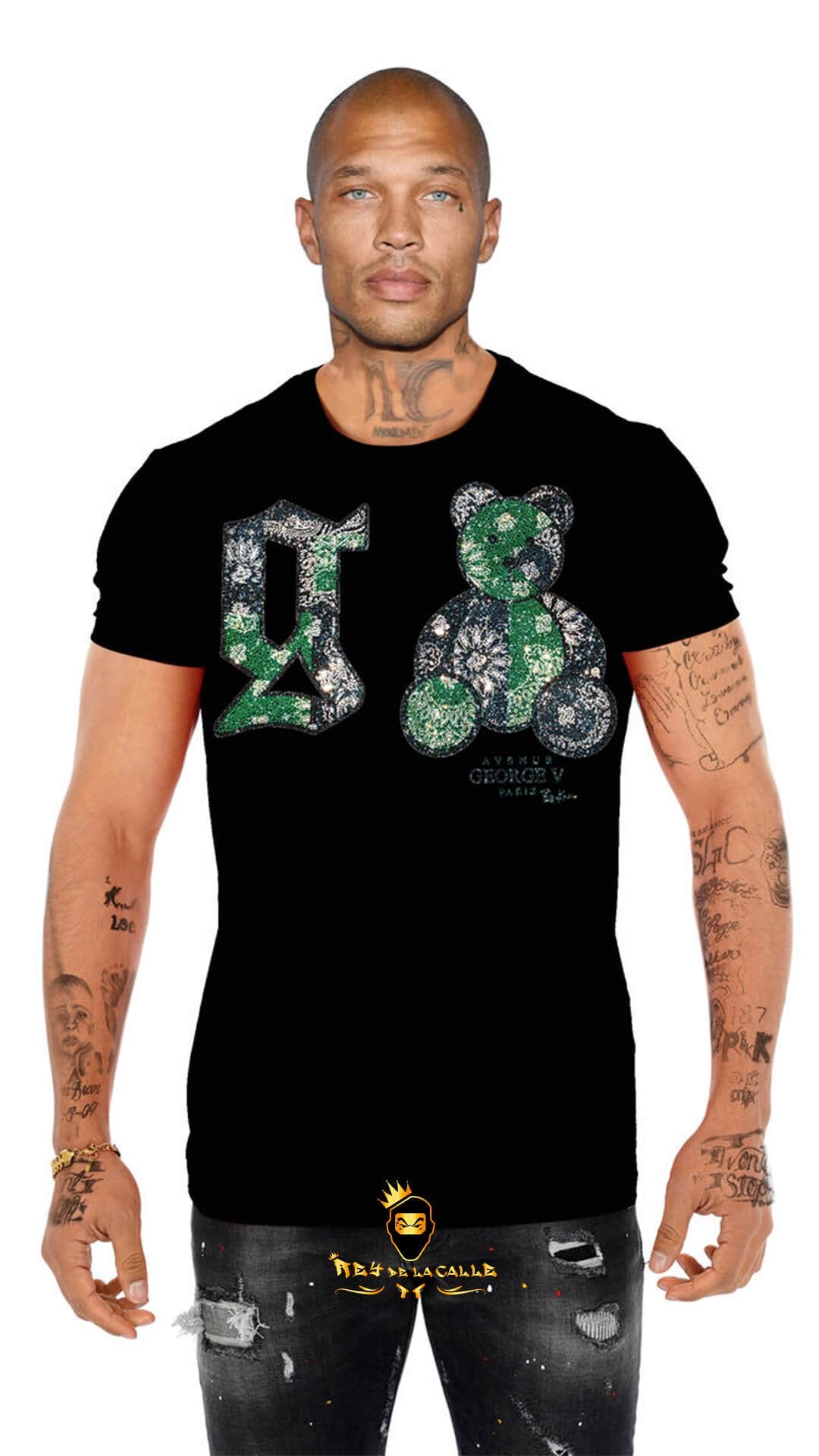 Camiseta Avenue George V París Negra Pedrería Brillante Oso Verde - Rey De La Calle