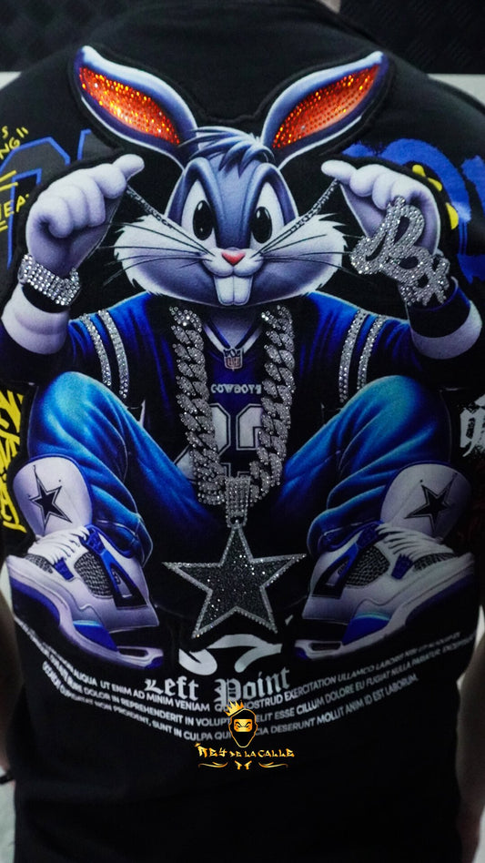 Camiseta Left Point Negra Terciopelo y Pedrería Brillante Conejo Bugs - Rey De La Calle