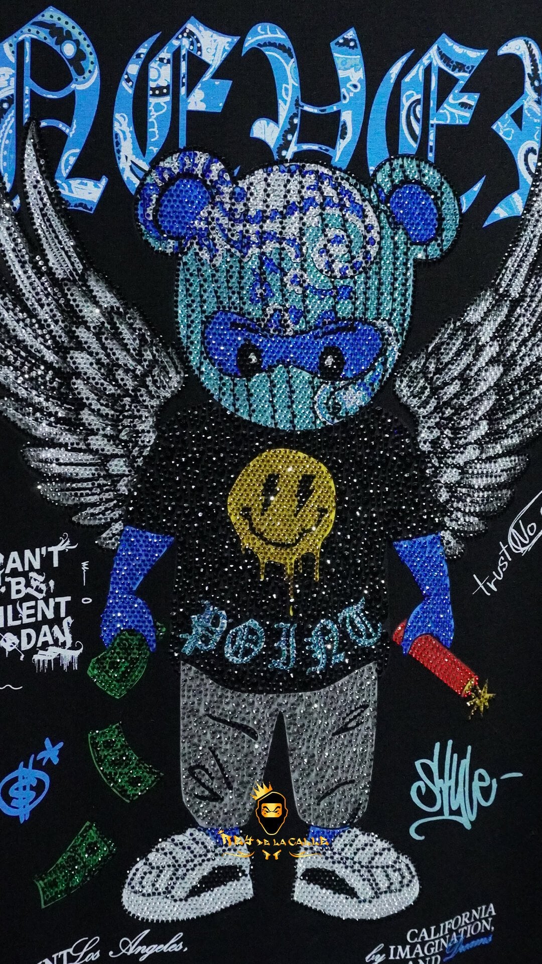 Camiseta Left Point Negra Pedrería Brillante Oso Ángel Azul - Rey De La Calle