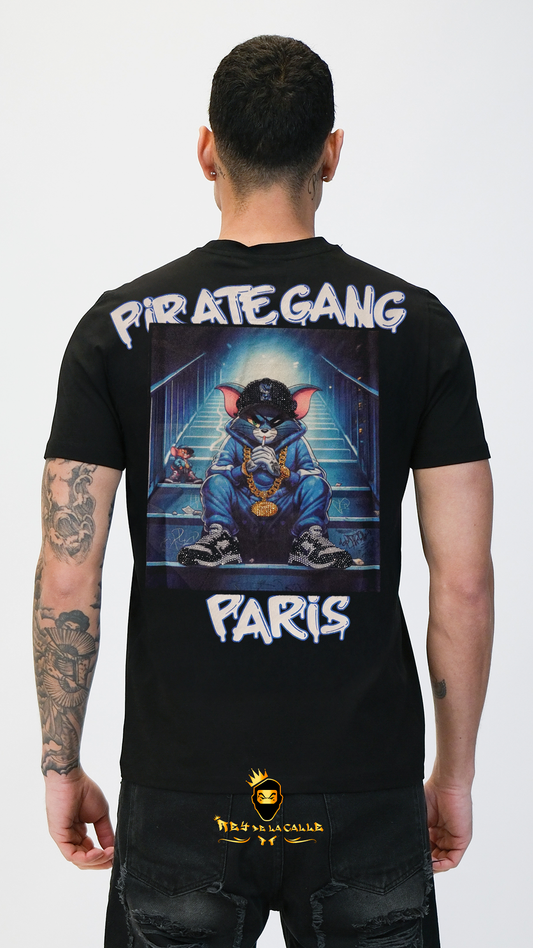 Camiseta Pirate Gang París Negra Terciopelo y Pedrería Brillante Gato Tom - Rey De La Calle