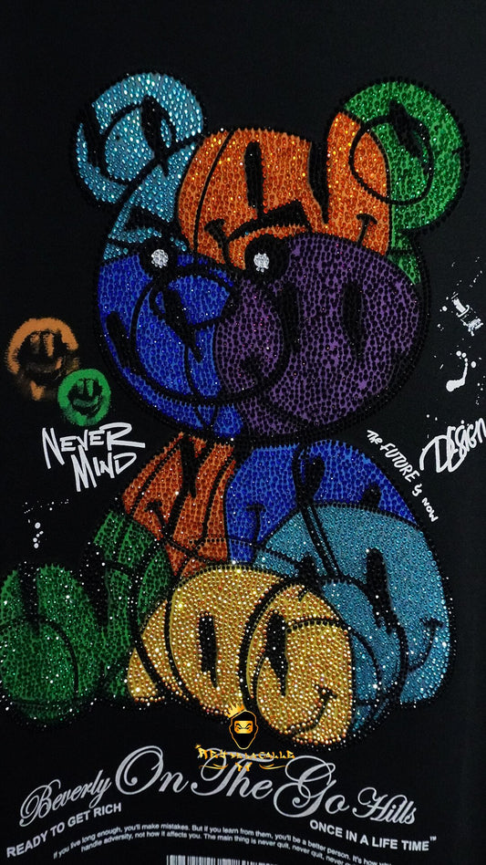 Camiseta Left Point Negra Pedrería Brillante Oso Colorido - Rey De La Calle