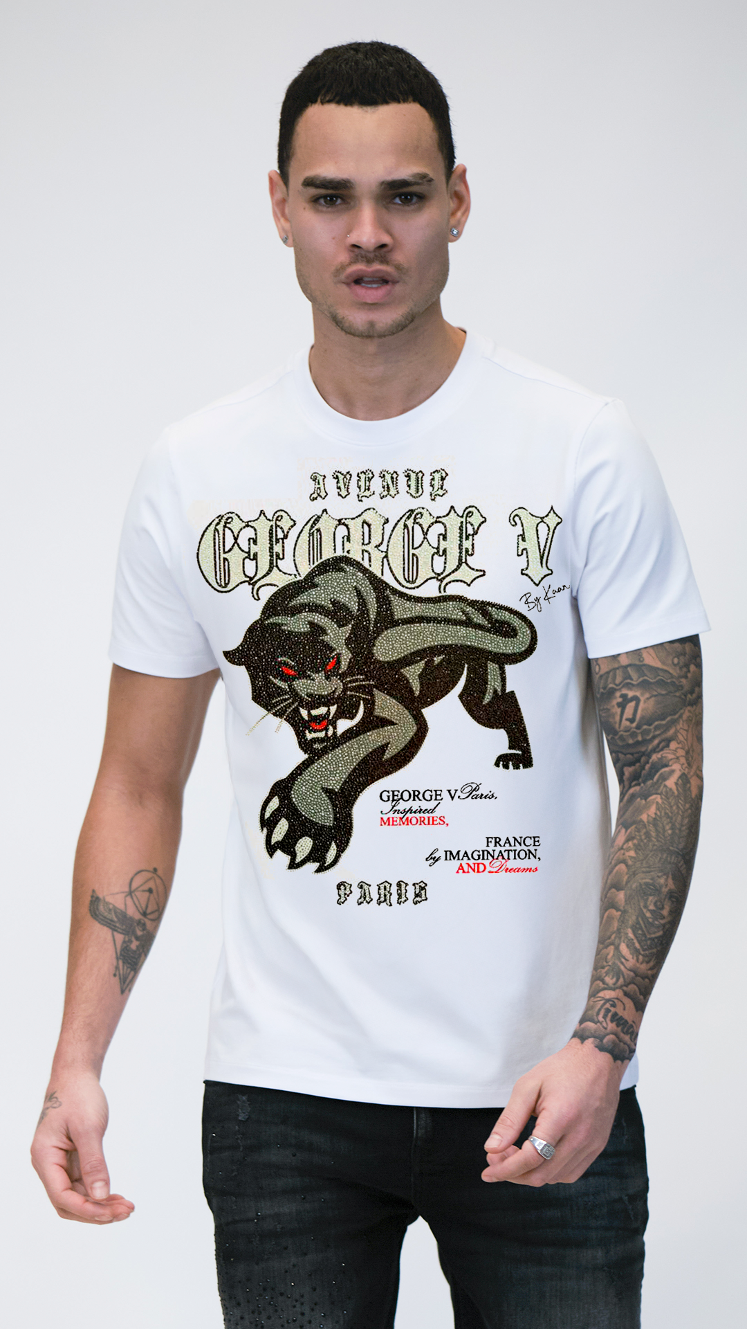 Camiseta Avenue George V París Blanca Pedrería Brillante Pantera Negra Rey De La Calle
