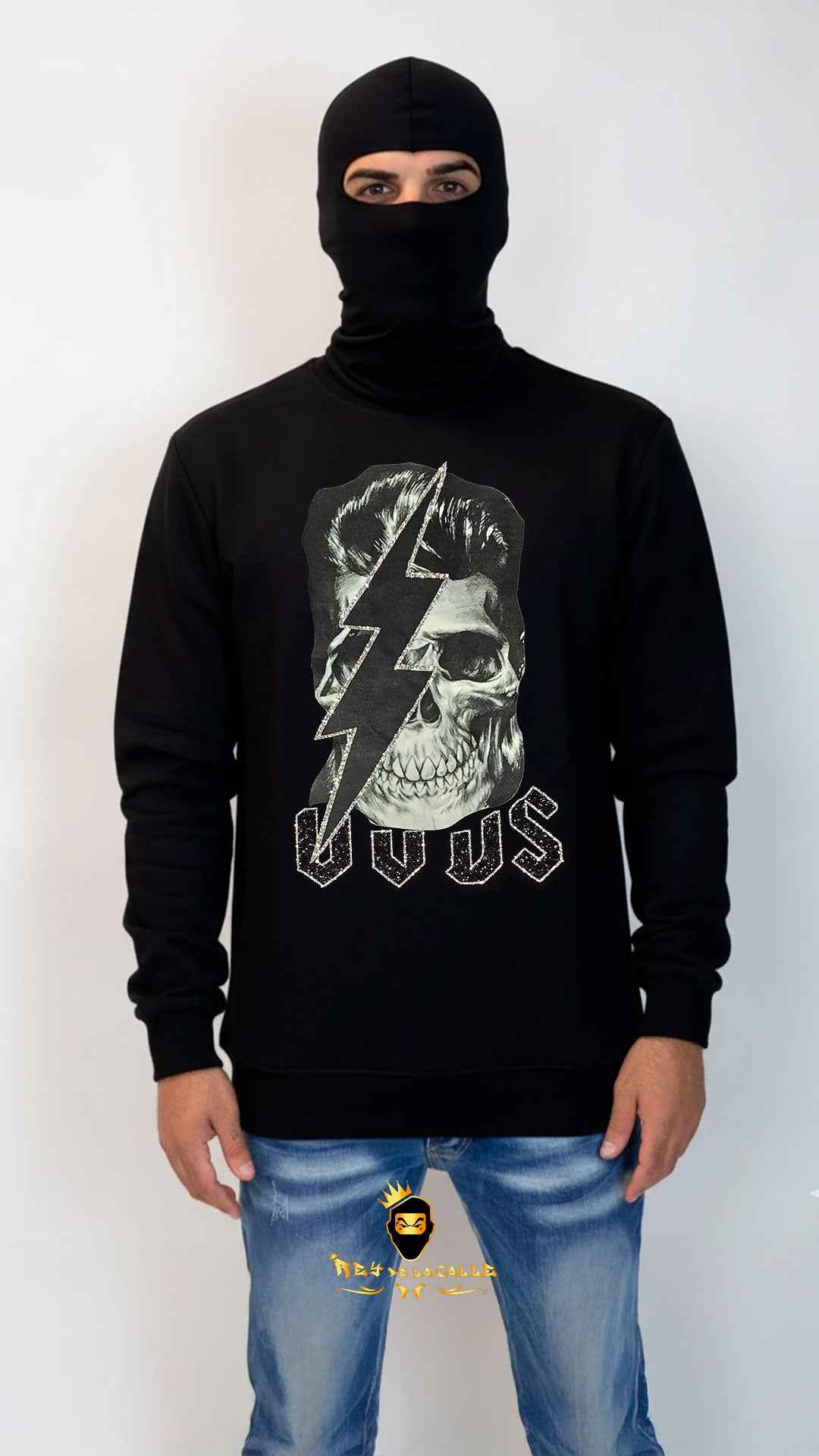 Sudadera Negra DU&DS Skull & Lightning Rocker – En Oferta