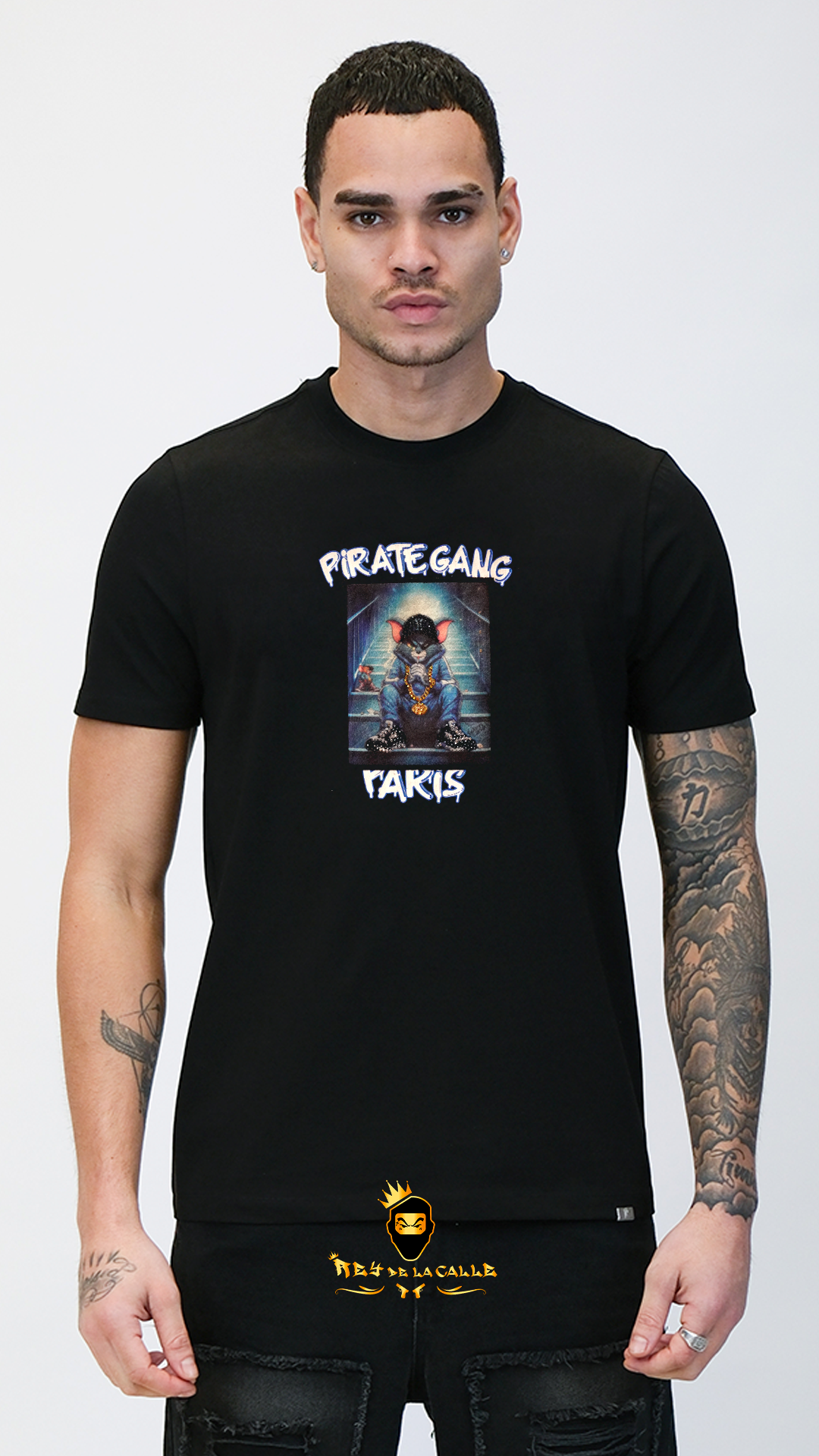 Camiseta Pirate Gang París Negra Terciopelo y Pedrería Brillante Gato Tom - Rey De La Calle