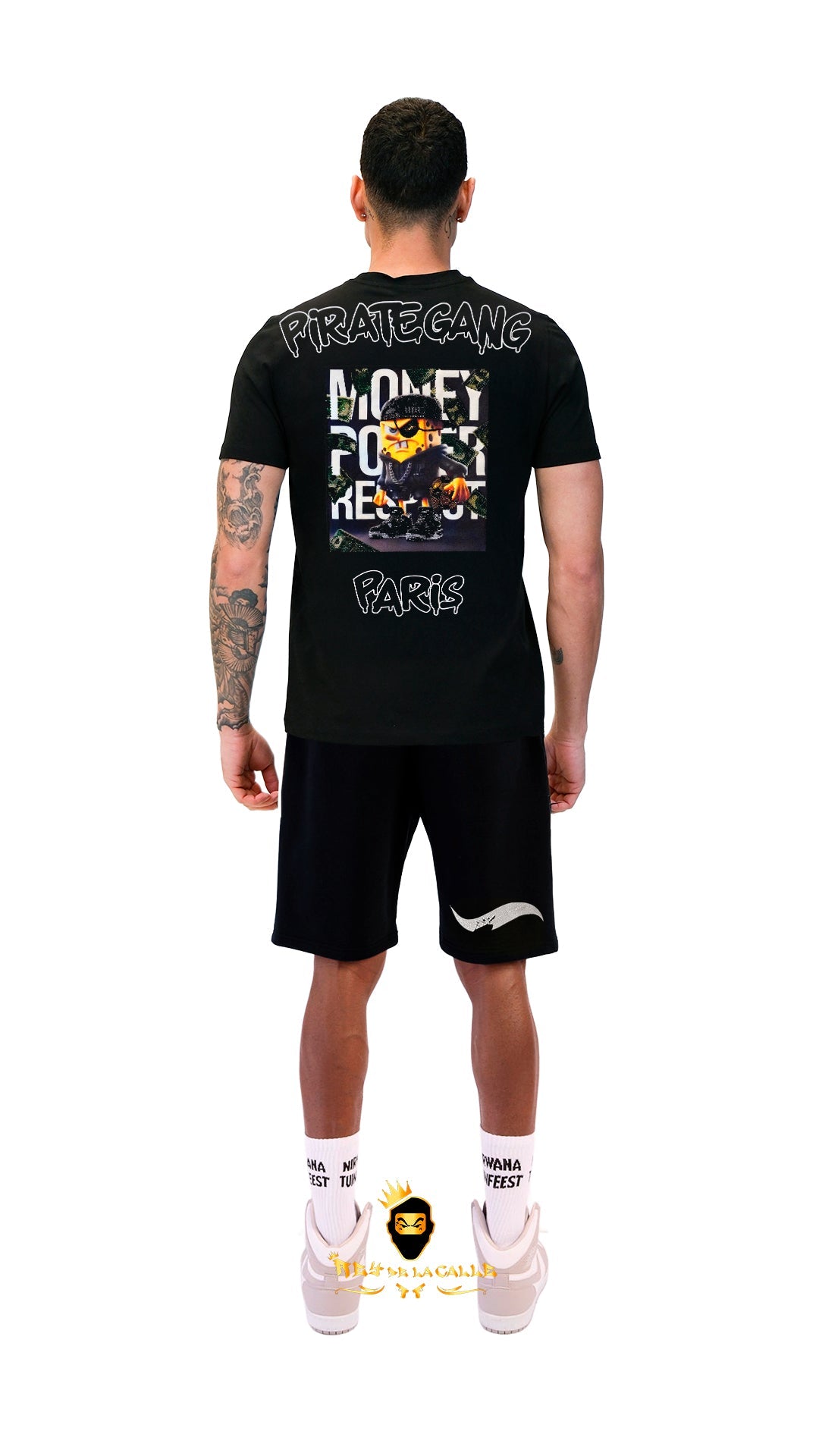 Conjunto. Camisetas o pantalon corto Pirate Gang Paris Negra Terciopelo y Pedrería Brillante Bob Esponja Rey De La Calle