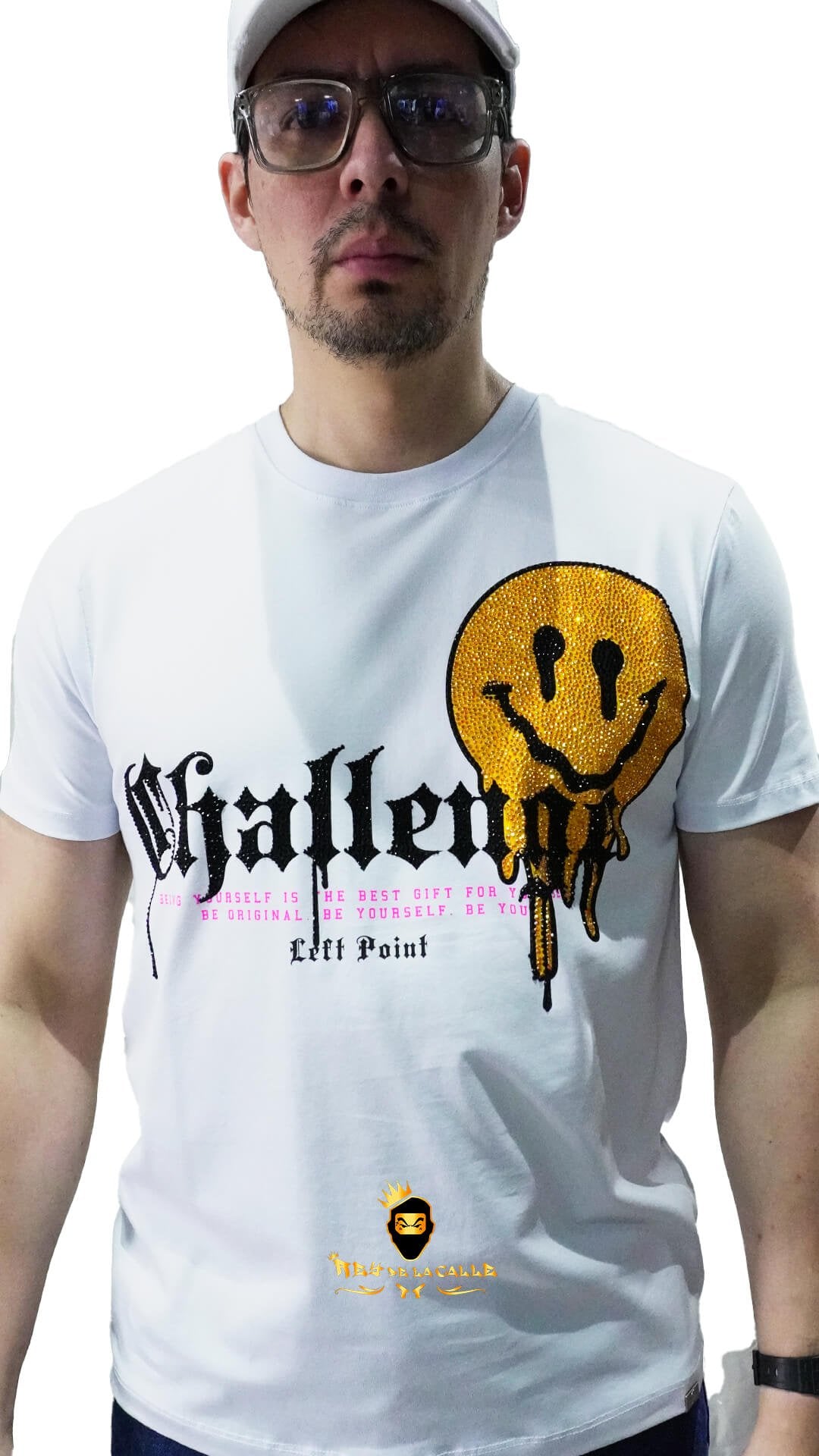 Camiseta Left Point Blanca Pedrería Brillante Emoticon - Rey De La Calle