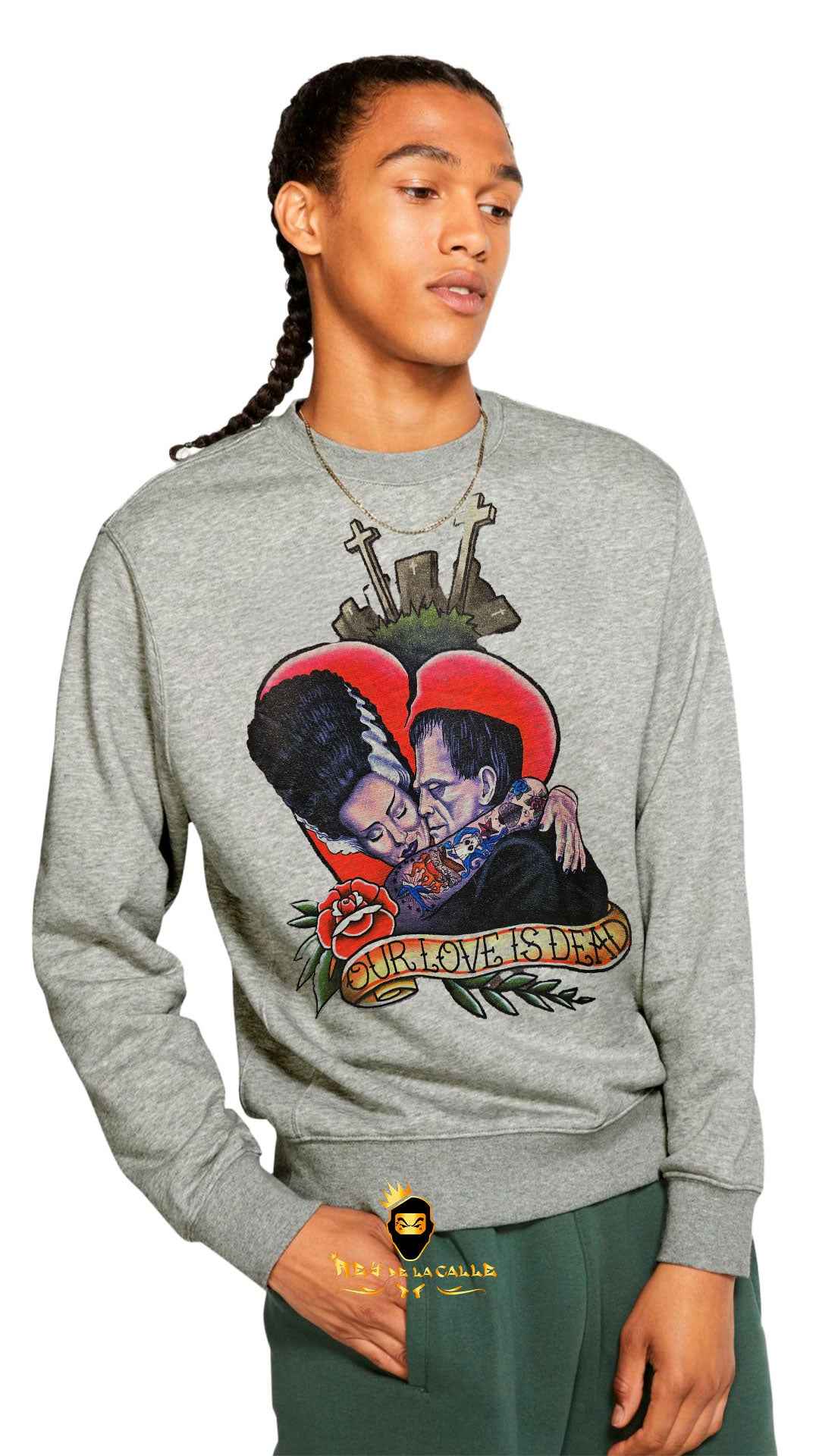 Sudadera Gris Frankenstein & Bride Tattoo Our Love Is Dead – En Oferta